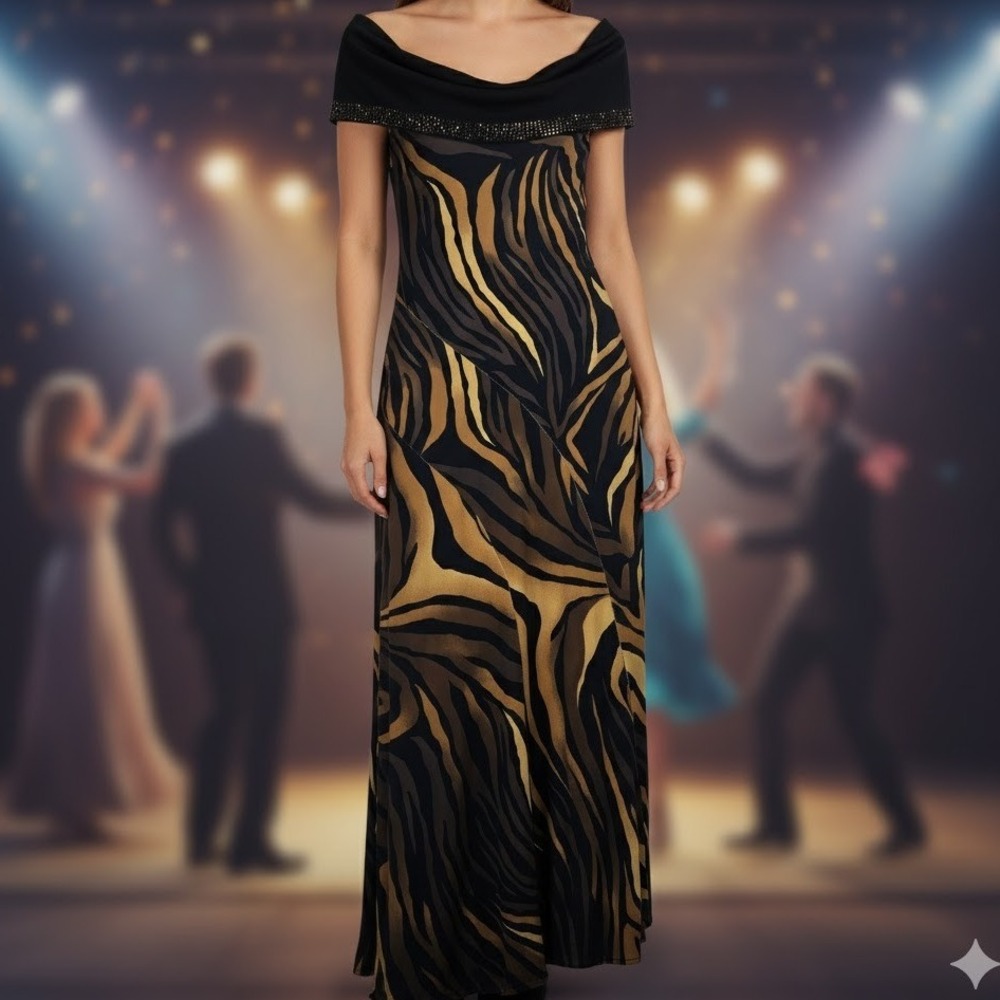 Angelo Marani Maxi Dress Animal Print Embellished Black Gold Sequins Size 42 = 6